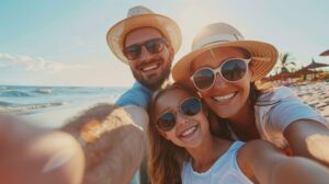 Family in straw hats and sunglasses taking a selfie smiling at the beach